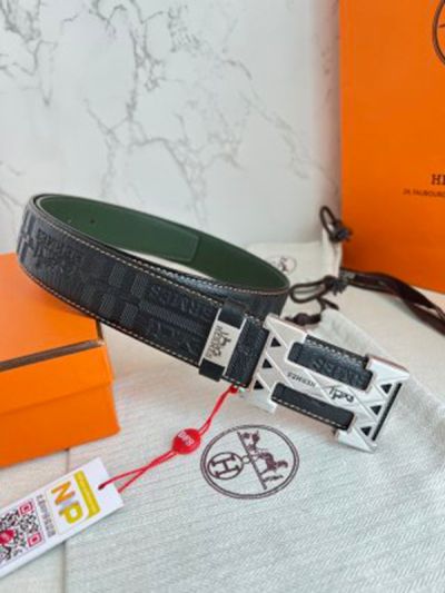 1:1  Hermes Black Leather Belt with Silver 'H' buckle Hanging Buckle 3.8cm